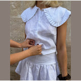 MQTIME  -  Casual Doll Collar Shirt Skirt Sets Women Cotton Linen Buttons Sleeveless Top Pleated A-line Mini Skirts 2025 Summer Lady Suit