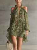MQTIME  -  Elegant Gemstone Green Dresses Women Polka Dot Party Club Mini Dresses Shoulder Off Slash Neck Puff Sleeve Loose Evening Outfits