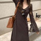 MQTIME  -  Ladies Vintage Polka Dot Chiffon Maxi Dress V Neck Flare Bell Long Sleeve Autumn Slim High Waist Casual Evening Party Long Dress
