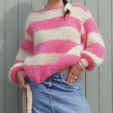 MQTIME  -  Women Autumn Winter Loose Fit Knitwear Jumpers Vintage Striped Fuzzy Knitted Sweater Casual Boat Neck Long Sleeve Pullover Tops