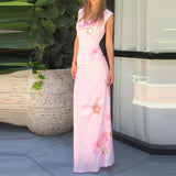 MQTIME  -  Leisure and fashionable sleeveless printed summer new long skirt with vacation style wavy collar pleated design slim fit dress