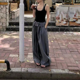 MQTIME  -  Women Grey Multi Strap Wide Waistband Pleated Trousers Wide Leg Double Drawstring Spring Summer Loose Baggy Casual Long Pants