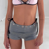 MQTIME  -  Women Summer Y2k Metal Hole Eyelet Elastic High Waist Shorts Slim Fit Solid Color Bodycon Bottoms Streetwear Boxers