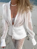 MQTIME  -  French Sexy Deep V Cinched Waist Shirt Spring Semi-Sheer Sexy Spicy Girl Fashion New Top for Women Elegant Blouses