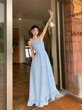 MQTIME  -  Ear Hem Plaid Maxi Dresses for Women Small Fresh Ruffles Dress Korean Square Collar Sleeveless Vestidos