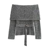MQTIME  -  Vintage Off Shoulder Sweater With Belt Women Elegant Knitted Solid Thick Long Sleeve Sweaters Female Winter Chic Street Knitwear