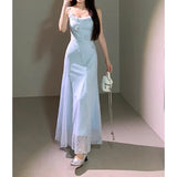 MQTIME  -  French Lace three-dimensional Floral texture Pink Spaghetti Strap Dress For Women, Summer Tulle Fishtail Long Dress