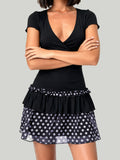 MQTIME  -  Women Dot Print Summer Dress Slim Deep V Neck Short Sleeve A-line Mini Layered Ruffle Dresses