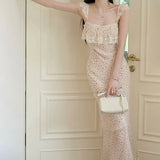 MQTIME  -  French Style Vintage Polka Dot Long Dress Summer Stylish Lace Patchwork Female Clothing Flying Sleeve Elegant Bag Hip Dresses