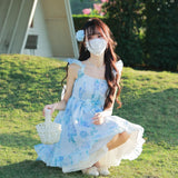 MQTIME  -  Party Mini Dresses Women Sweet Bow Floral Printed Ruffles Flying Sleeve Square Collar Princess Elegant Dress Female