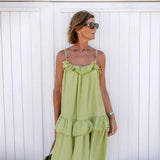 MQTIME  -  Boho Beach Dress Strapless Solid Color Cotton Maxi Dress Loose Fit Ruffled Candy Color Sundress Vacation Vestidos