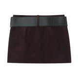 MQTIME  -  Velvet Women Sets Mini Skirt Set Slim Fit Long Sleeved Single Breasted Short Blazer Coat Leather Belt Short Skirts Lady Outfit