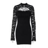 MQTIME  -  Women Hollow Out See Through Lace Patchwork Bodycon Mini Dress O Neck Long Sleeve Hipster Slim Night Clubwear Party Outfits