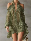 MQTIME  -  Elegant Gemstone Green Dresses Women Polka Dot Party Club Mini Dresses Shoulder Off Slash Neck Puff Sleeve Loose Evening Outfits