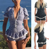  MQTIME  -  Women Summer 2Piece Y2k Lace Trim Gingham Plaid Print Outfits Set Puff Sleeve Zip-up VNeck Ruched Slim T-Shirt+Ruffle Hem Shorts