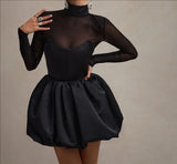 MQTIME  -  Women Puffy Pleated Empire Female Mini Dress 2025 Evening Sexy Party Lady Vestidos Elegant Lace See Through Patchwork Dresses