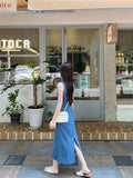 MQTIME  -  Summer Long denim Dress Women's Korean V-neck Sleeveless Stripe Printed High Waist A-line Dress