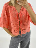 MQTIME  -  Women s Short Sleeve V-Neck Hollow Out Casual Blouse Tie Front Solid Color Loose Fit Summer Top Streetwear Fashion