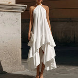 MQTIME  -  Simple White Sexy Halter Off Shoulder Party Dress Women Spring Solid Loose Ruffles Irregular Dress Summer Sleeveless Boho Drsses