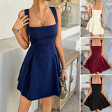 MQTIME  -  Spring Summer New Vestidos Simple Solid Color Women Dress Elegant Square Neck Female Strap Dresses