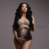 MQTIME  -  Maternity Photography Sexy Goddess V Neck Rhinestones Pearls Luxurious Stretch Jumpsuits Dress For Photo Shoot Props