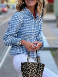 MQTIME  -  Fashion Stand Collar Commuting Blouse Women Causal Puffed Long Sleeve Slim Office Shirt Elegant Plaid Print Single breasted Tops