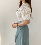 Mqtime Sheer Embroidery Lace Blouse Cover Up Top Short Sleeve Button Front Cardigan Women Summer Boho Vacation Outfit