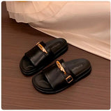 MQTIME  -  Women's Black PU Flat Sandals Comfortable Summer Beach Shoes Casual Euro-American Style Metal Buckle