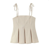 MQTIME  -  Women Fashion Brown Backless Bow Lace Up Side Zipper Camis Vintage Thin Straps Square Collar Female Chic Lady Tops