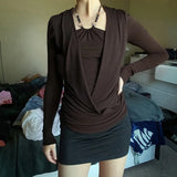 MQTIME  -  Y2K Grunge Solid Long Sleeve Fake Two T-shirts Vintage Fashion Beads Halter Pullover Tops 90s Women Basic Street T-shirt