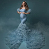  MQTIME  -  Amazing Dusty Blue Maternity Dress for Photoshoot Lush Ruffles Pregnancy Babyshower Bridal Dress for Photography