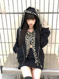 MQTIME  -  New Leopard Print Fake Two Piece Double Zip Hoodie Streetwear Retro Harajuku Gothic Y2K Women Long Sleeve Zip Hoodie Long Sleeve