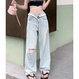Mqtime Streetwear Hollow Hole Loose Casual Jeans Women Y2K Summer New High Waist Fashion Distressed Washed Wide Leg Pants