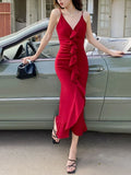 MQTIME  -  French Elegant Ruffle Dress Women Sexy V-neck Split Bodycon Dresses Ladies Vintage Evening Party Dress Red Robe Vestidos