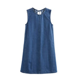 MQTIME  -  2024 Summer New Women's Style Simple and Casual Edition Round Neck Sleeveless Solid Color Combination Denim Dress