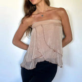 MQTIME  -  Womens Chiffon Sheer Tube Tops Solid Color Y2k Split Front Irregular Layered Petal Hem Backless Bandeau Cropped Tanks