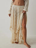 MQTIME  -  Women Lace Ruffle Courtship Half Slip Elastic Waist Asymmetrical Hemline Midi Skirts Semi Sheer Layered Maxi Skirts
