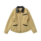 MQTIME  -  Summer new women's clothing retro temperament simple and fashionable slim fit faux leather patchwork lapel long sleeved jacket