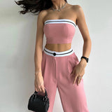 Mqtime Women Matching Colors Patchwork Strapless Crop Top Wide Leg Pants Two Piece Set Summer Elegant Ladies High Waist Trousers Suits