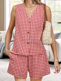 MQTIME  -  Stylish Women s 2-Piece Set with Plaid Print V-Neck Tank Top and Elastic Shorts Perfect for Club and Streetwear Fashion