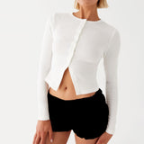 MQTIME  -  Women's Summer Y2K Basic Cropped Tops Ribbed Button-down Front Long Sleeve Simple Slim Fit Grunge T-Shirt Streetwear