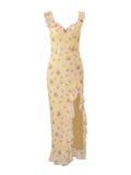  MQTIME  -  Summer Flower Print French Temperament Irregular Hem V Neck Sleeveless High Waist Dresses