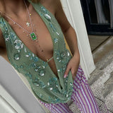 MQTIME  -  Printed V-Neck Hollow Out Woman 2025 Backless Y2k Cropped Top Summer Sequin Female Tank Tops Tee Sexy Glitter Halter Vest