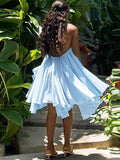 MQTIME  -  Halter Pleated Backless Irregular Mini Dress Women Off Shoulder Sexy Big Swing A-line Holiday Dresses 2025 Summer Party Robe