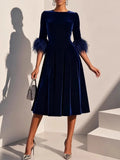  MQTIME  -  Spring Autumn 3/4 Sleeve Elegant Velvet Midi Dress Women's Clothing Casual Party Work Evening Sheath Office Lady Dresses