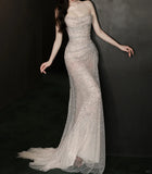 MQTIME  -  Champagne Sequin Evening Dress Off Shoulder Floor Length Temperament Tassels Luxury Fishtail Formal Mermaid Wedding Prom Gown