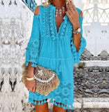 MQTIME  -  Beach Boho White Lace Fashion Eu Mini Dress Women Autumn Pop Tassel Loose V Neck Dresses Lady Female Clothing