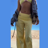 MQTIME  -  Casual Yellow Floral Wide Leg Pants For Women Trend Low Waist Flowy Loose Fit Trousers Spring Summer Vacation Streetwear
