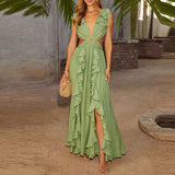 MQTIME  -  Elegant Ruffles Stitching Solid Color Party Dress Summer 2025 V-Neck Party Dress Ladies Chic Circle Waist Hollow Evening Dress