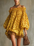 MQTIME  -  Elegant Gemstone Green Dresses Women Polka Dot Party Club Mini Dresses Shoulder Off Slash Neck Puff Sleeve Loose Evening Outfits